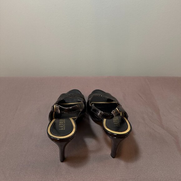 Ralph Lauren Ladies Peep Toe Black Patent High Heel Shoe - Picture 4 of 5